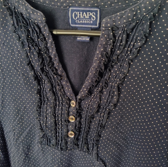 Chaps XL Navy Polka Dot Long Sleeve V Neck Blouse with Button Ruffle Det… - Picture 4 of 5